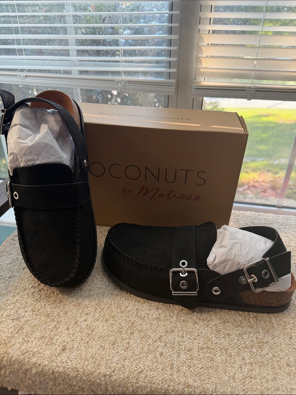 Coconuts by Matisse Black Suede Buckle Backstrap Clogs